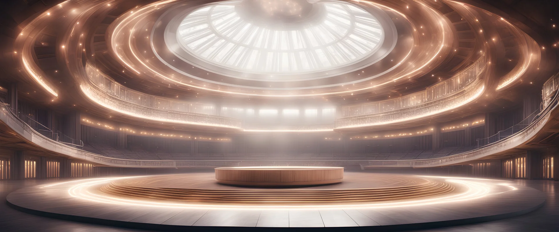 Standing in the center a circular Assembly Hall, hyperrealistic 16k, 3d rendering, expressively detailed, dynamic light, expressive lighting,