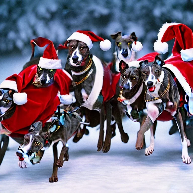 mdjrny-v4 Santa Clause's sleigh pulled by greyhounds, photograph