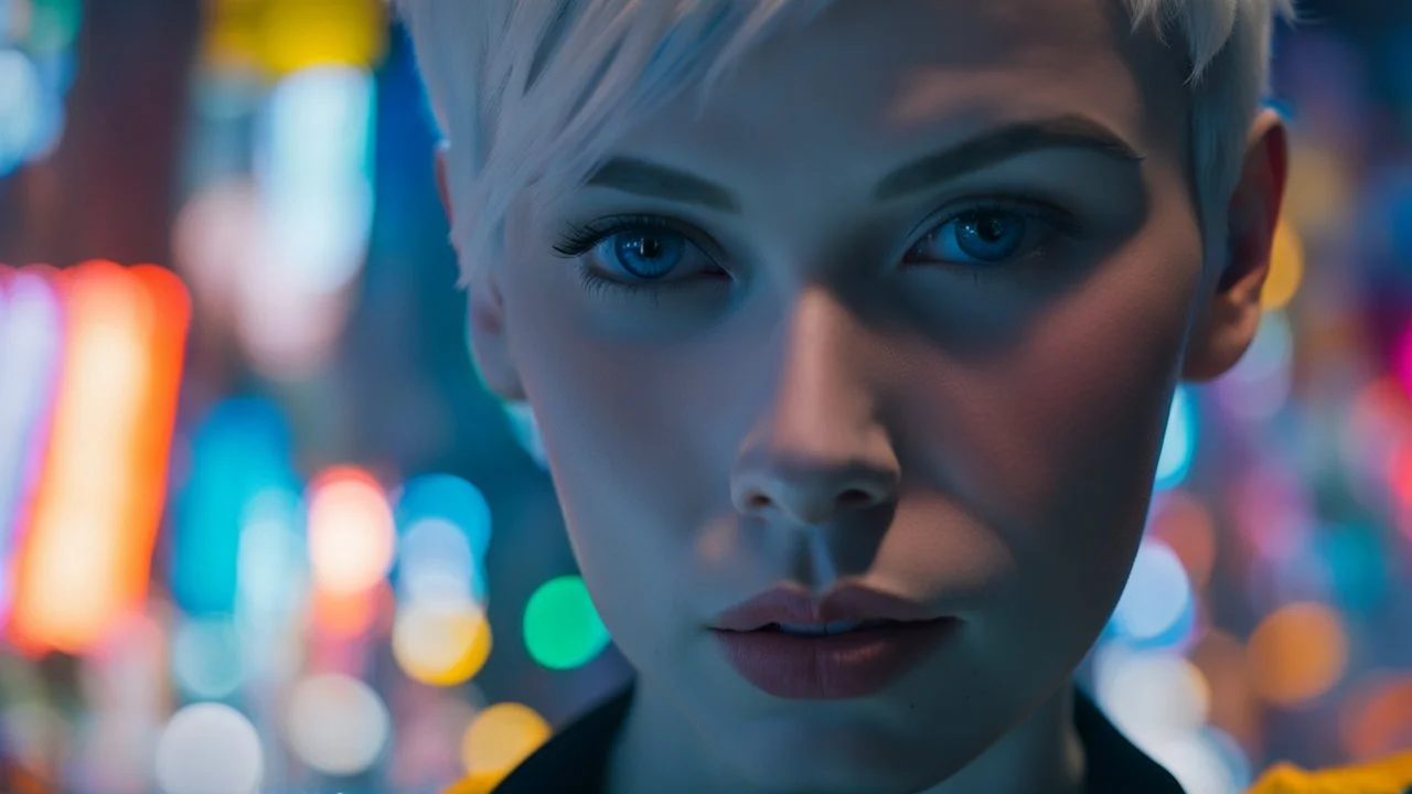 portrait of human android Anita, 25 years old female, short white hair, neat hairstyle tied back, white albino skin, shiny neon blue eyes, big eyes, very many freckles on her face, with a blue blure glowing tattoo on her neck: , nice, kind and friendly face, blur background with white-blue neon lights