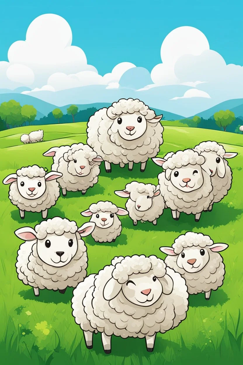 create an image with 4 cute sheep with the typography, happy face "sheep of faith", 2d, cartoon style, chibbi, kawai, a green field and blue sky in the background