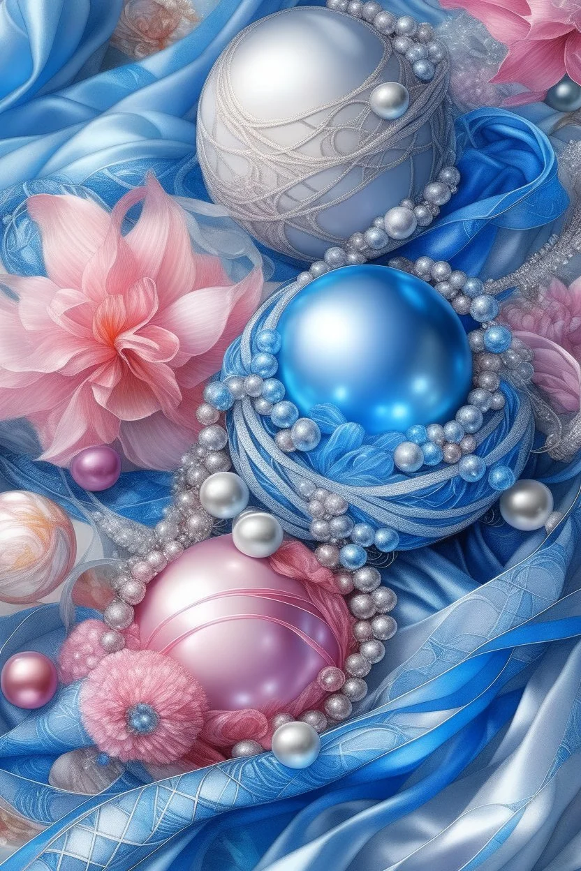 balls,gusts of wind,spiral, patterns ,silver pink blue, composition,flowers,pearls, silk,colored ribbons ,realistic,macro,delicate colors grace, transparent,aesthetically pleasing,hyper detailed,unusual,combination is extremely beautiful,drawing details ,magic,aesthetics, bright light, clarity,fantastically,,close-up, filigree,pastel,watercolor,detailed drawing..,hyperdetalization,surrealism,glitter,5d ,transparent details,futuristic,best quality.