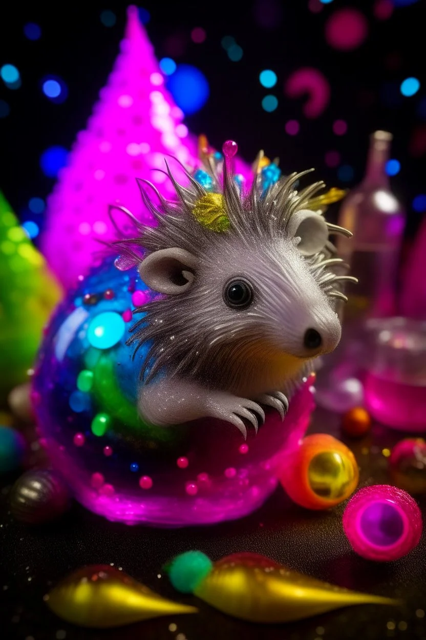 portrait of glittery haired twisted porcupine slug otter on a yoga space ship made of ice cream, smiling with beautiful shiny ears, each inside a pile of transparent jelly bubbles of weird colors with insect aliens inside, disco egg made of small mirror, light rayz, feast table ,shot on Hasselblad h6d-400c, zeiss prime lens, bokeh like f/0.8, tilt-shift lens 8k, high detail, smooth render, down-light, unreal engine, prize winning