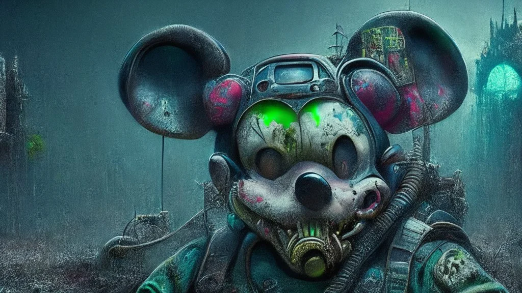 zombie mickey mouse hybrid, photorealism, movie screen capture, horror, sci-fi, retrofuturism,