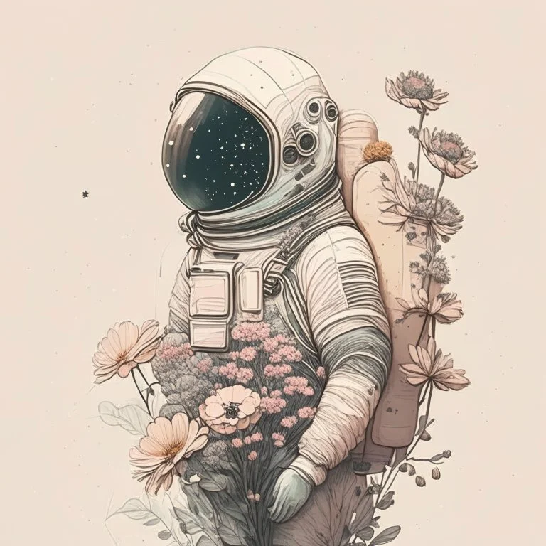 "floral astronaut" hand-drawn digital art, muted tones, flowers everywhere, REALISTIC