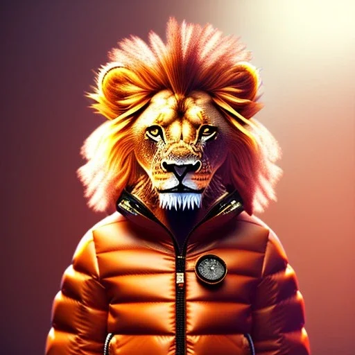 Lion toddler, smile, steampunk headphone, sunglass, gangsta neckless, full body, orange puffer jacket, tokio background, dramatic lighting, hyper realistic, unreal engine 5, 16k