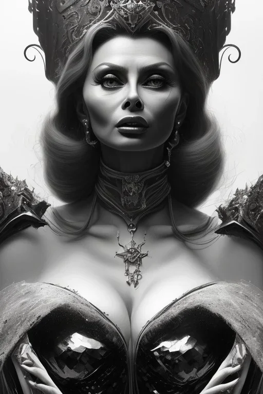 Sophia Loren as evil queen in black leather, cleavage, angry, stern look. character design by cory loftis, fenghua zhong, ryohei hase, ismail inceoglu and ruan jia. unreal engine 5, artistic lighting, highly detailed, photorealistic, fantasy