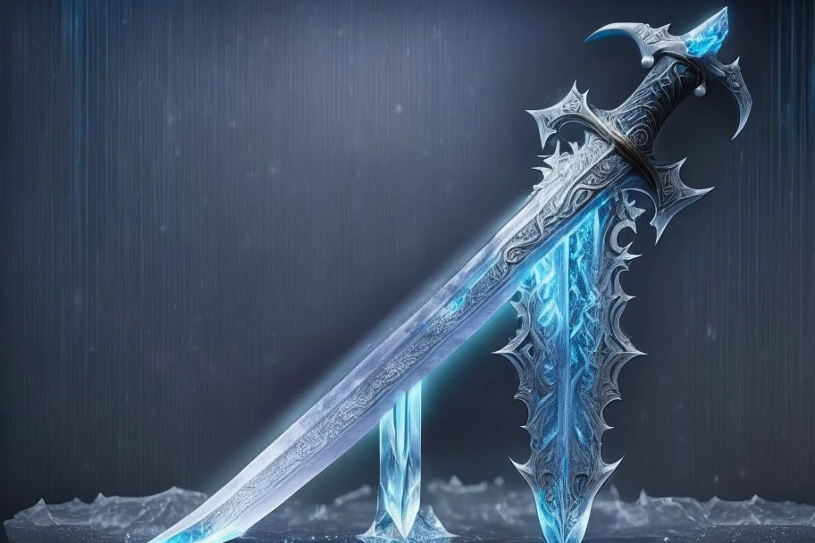 One fantasy greatsword that is a slender, translucent blade made of ice. Its hilt is crafted from swirling vines, leading to a vibrant crystal at the pommel. With a black background behind it. HD