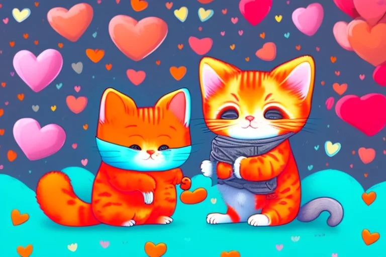 a fluffy orange kitten makes friends with a cute gray mouse on Valentine's day, happy vibe studio lighting fantastic view colourful very cute Lisa Frank richard scarry