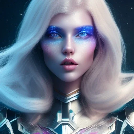 Beautyful woman,galactic , cosmic armor,hair long blond, blue eyes, happy cosmic, bright colors, blue, pink, realistic, photo real, clear sunny background, highly detailed, high contrast, 8k high definition, unreal engine 5, extremely sharp detail, light effect, sunny light background