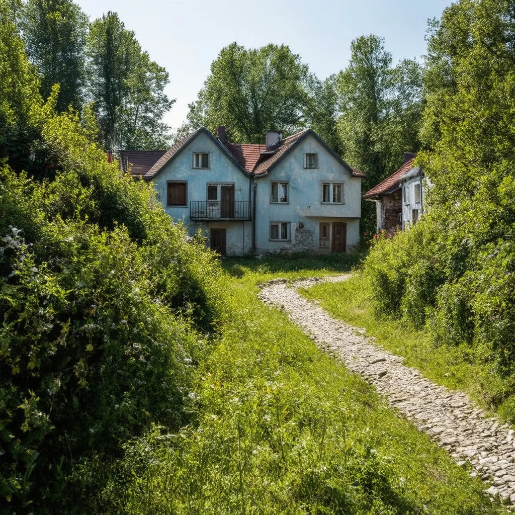An oddest village, details of the houses very accentuated, Max Ernst style, rural Romania, claustrophobic
