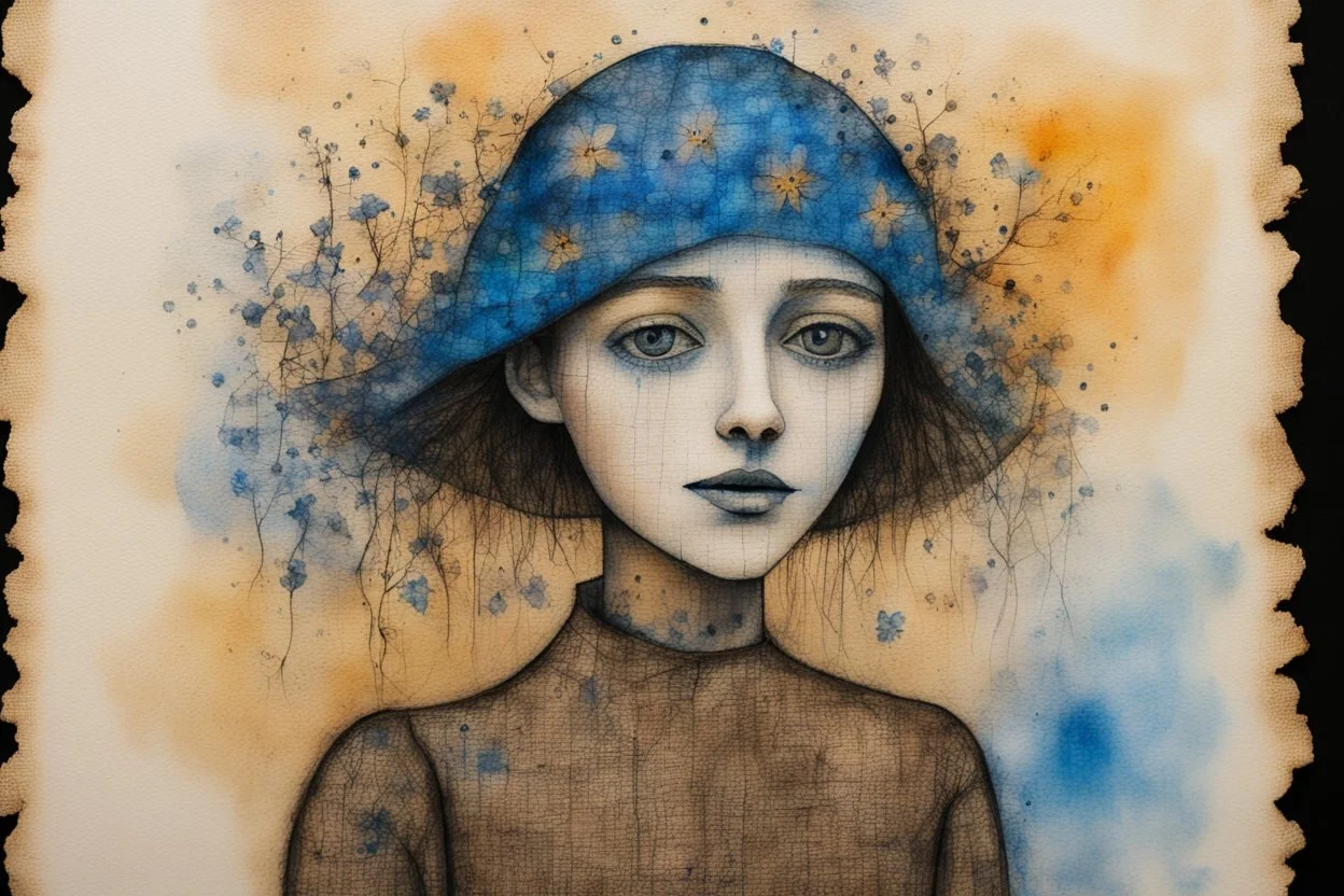 painted and burned burlap, forget-me-not woman, styles of Paul Klee Dee Nickerson and Tim Burton, melting watercolor and black ink outlines on wet paper, soft, shading strokes, in sunshine, ethereal, otherwordly, cinematic postprocessing, bokeh, dof