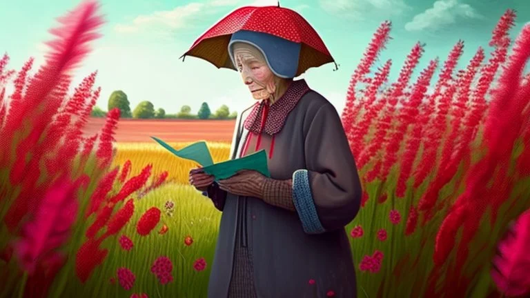 An elderly peasant woman, seen in full body, wearing clothing appropriate to her work, is reading a letter outdoors. She is standing and holding a red umbrella, and is in a field of grass and flowers with many trees in the background.