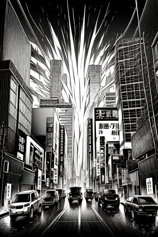 multiple explosions, buildings of Tokyo greyscale