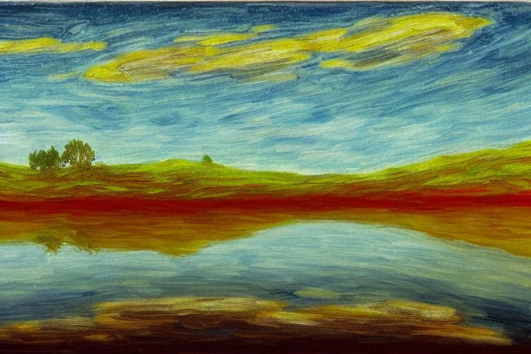 Alien landscape with one grey exoplanet in the horizon, pond, water reflection, rocky landscape, sci-fi, tendency to impressionism, realistic painting