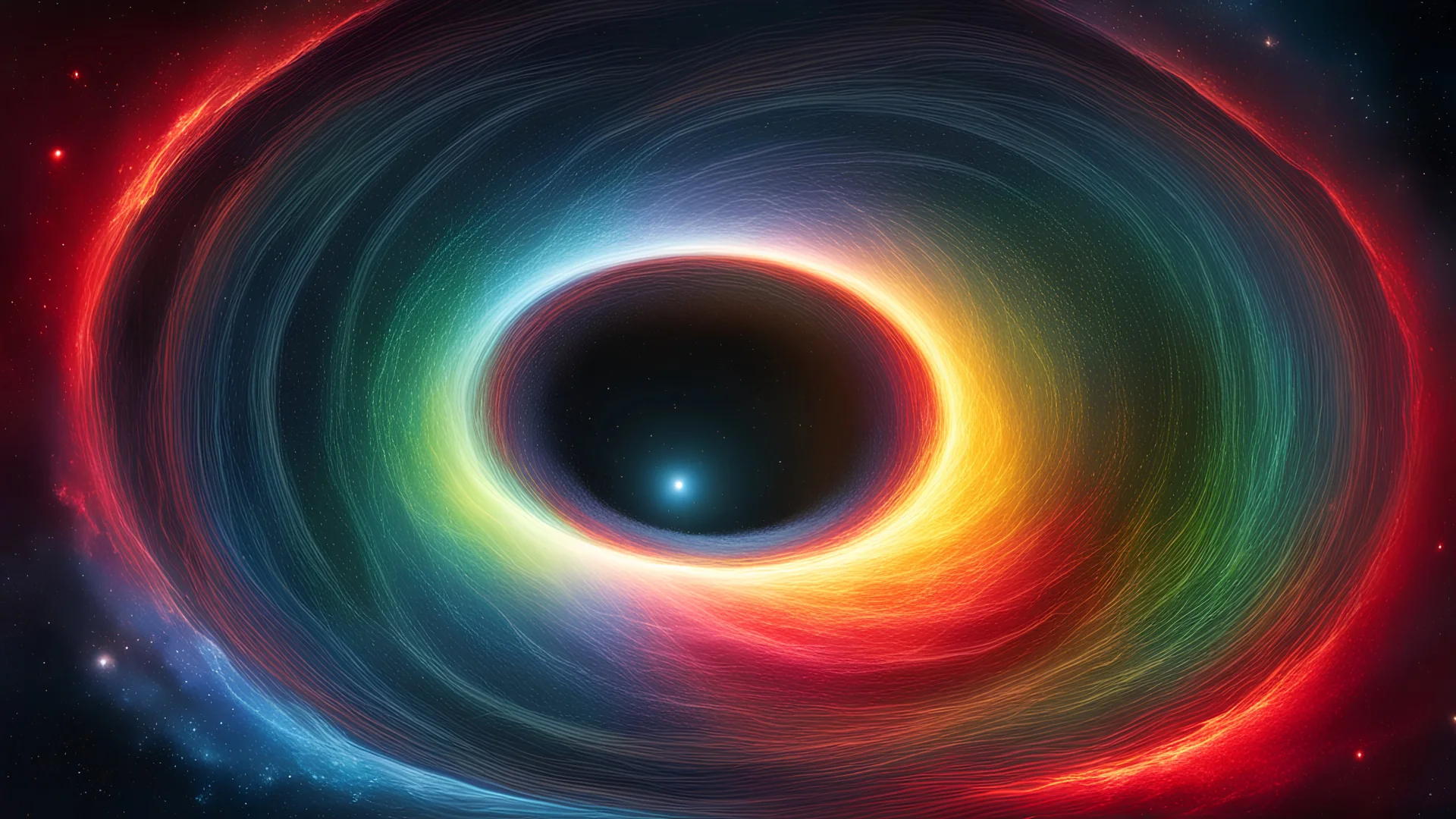 a wormhole portal to another universe in colors red,green,yellow and blue