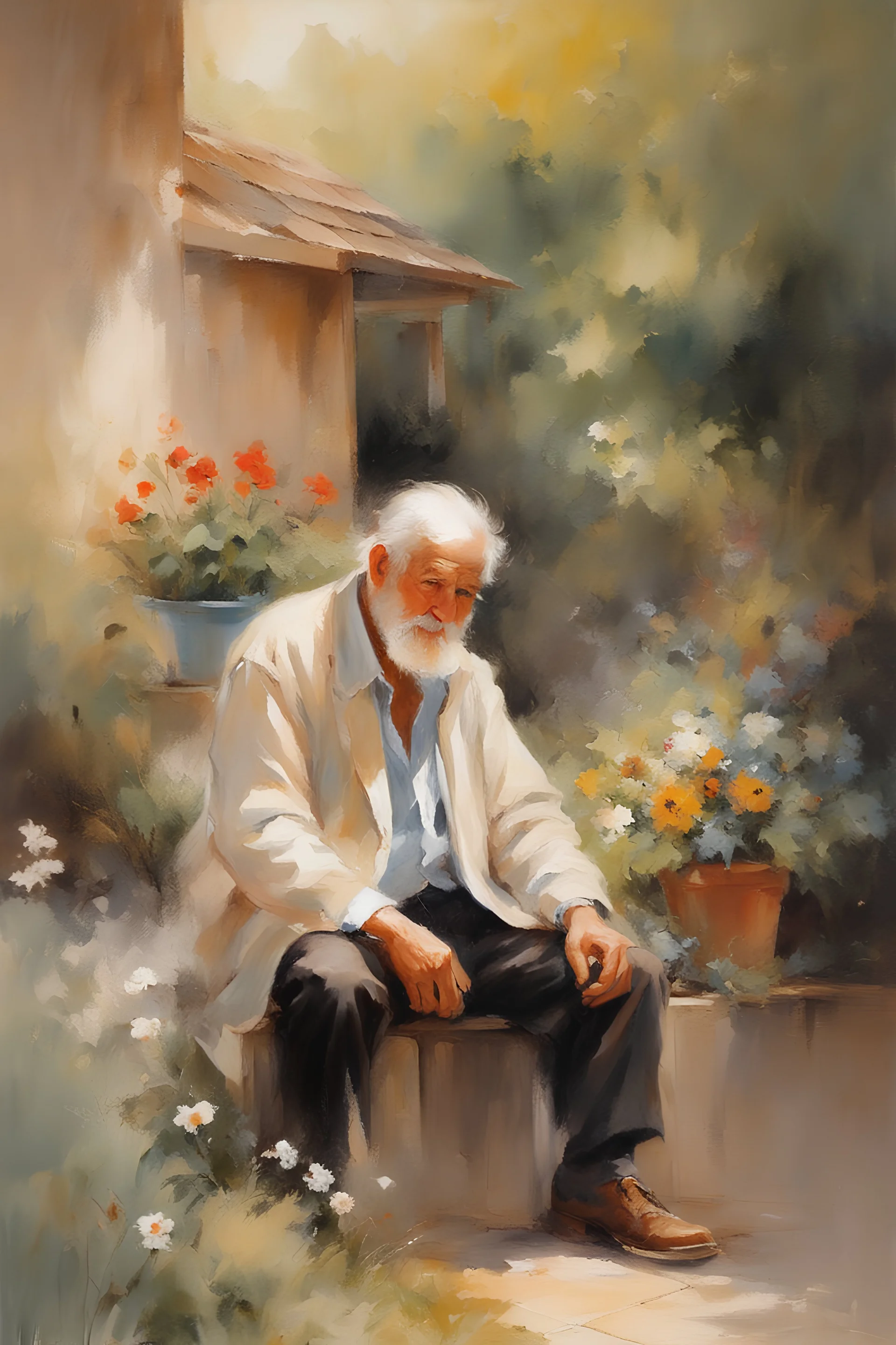 Masterpiece, best quality, Willem Haenraets style painting of a portrait of a old man in the garden, painted by Willem Haenraets