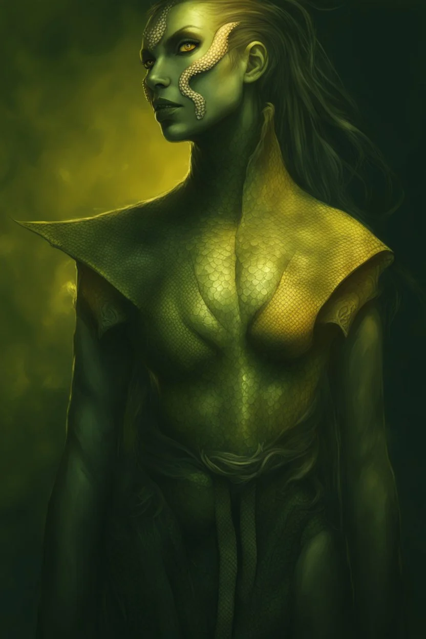 female snake woman, green scales, wearing a stealth armor, dungeons and dragons, fantasy, yellow eyes,