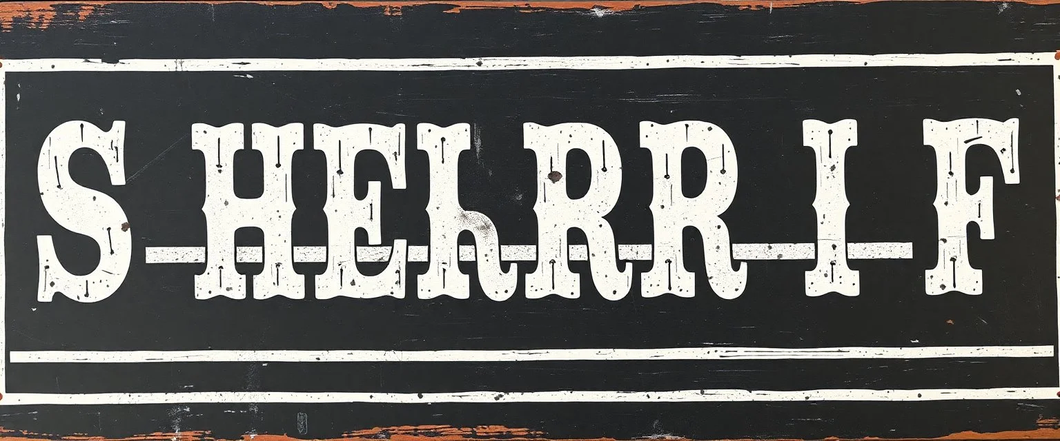fill composition with large and wide hand painted old western sign that reads: "SHERRIF" white on black with inset white stripe aged paint sanserif