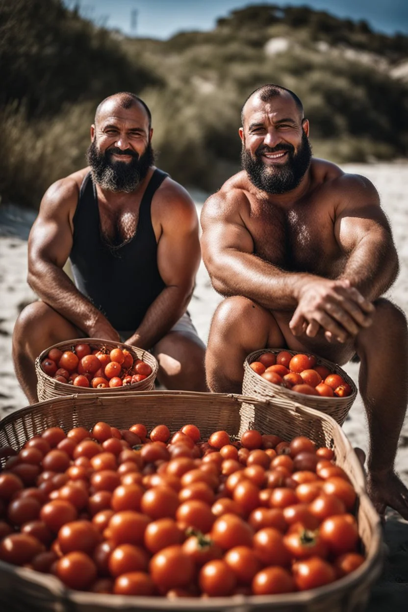 close up shot photography of two tired chubby muscular beefy hairy burly 39 years old ugly turkish carpenters, short beard, shaved hair, shirtless, manly chest, bulging white shorts, tired eyes, walking on the beach in the sun holding tomatoes baskets, big shoulders, side light, sweat and wet, ground view angle