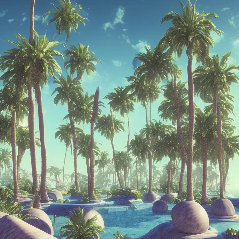 1980's aesthetic vaporwave palm trees with spheres and ufos