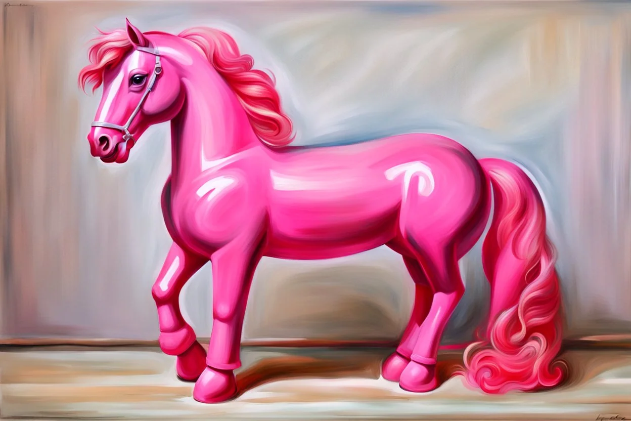 Big pink plastic toy horse.19th painting