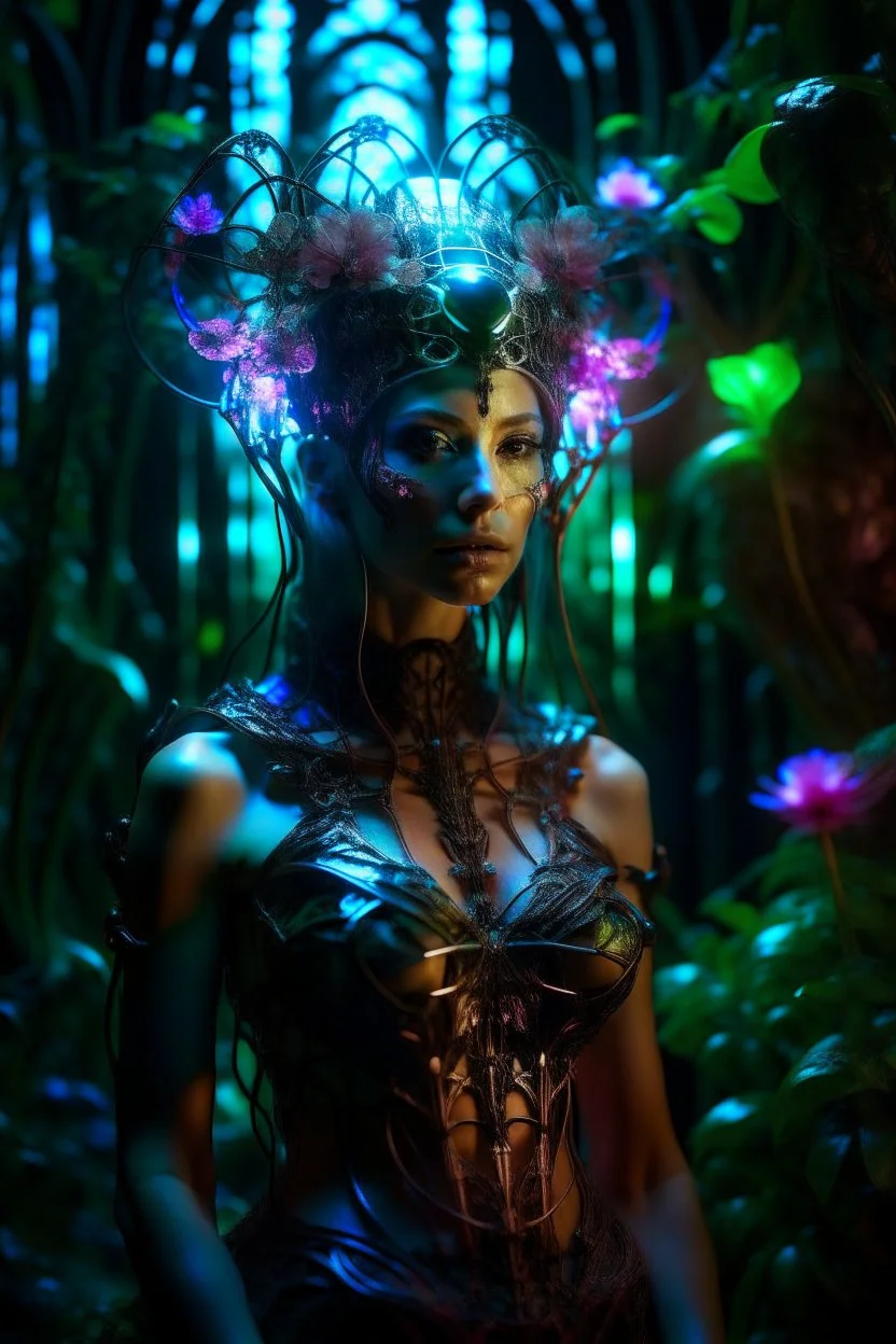 Princess in a dress, filigreed flowers, molten transparent glass and crystal in a magical neon forest, light elements, detailed leaves, cyberpunk flickers in the petals, light botanical, cyber art, art bionicle, cyberpunk style, 16k, 100mm lens, f/8, symmetry