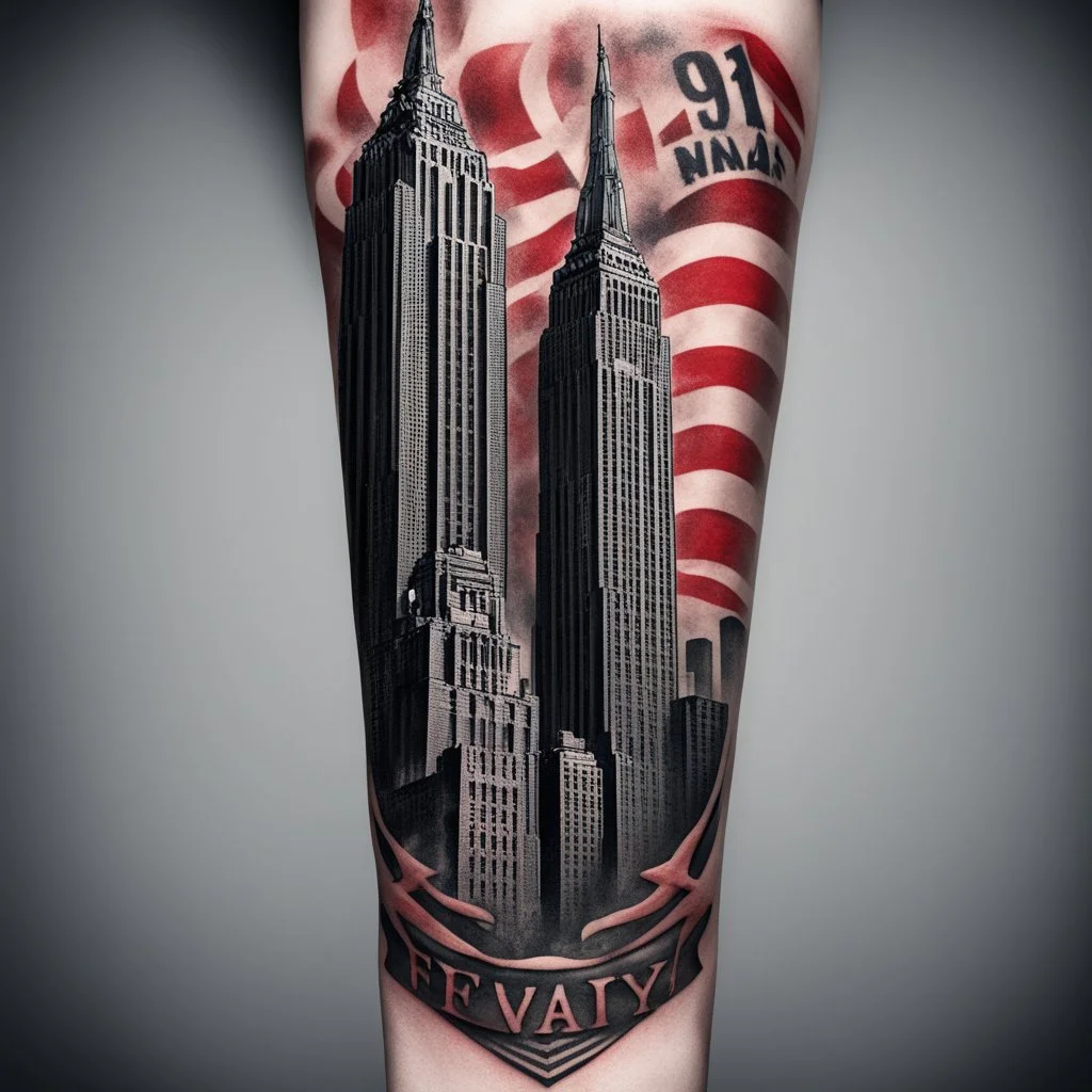 forearm tattoo, NYC Twin Towers with text "FDNY" and "9-11", American flag motif, stylish modern tattoo art, dynamic composition, complex contrast, cgsociety, sfumato