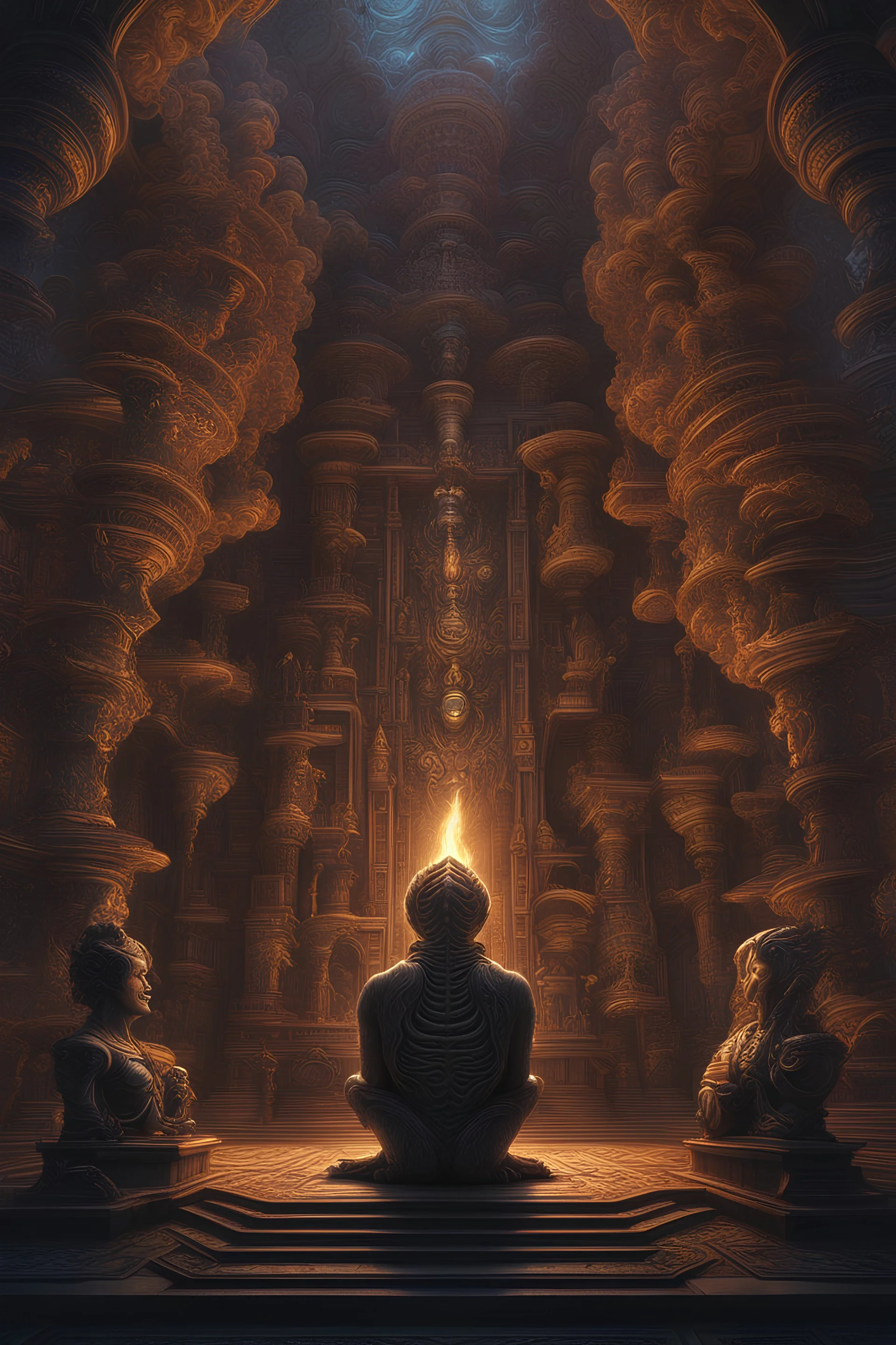 Insanely Detailed Genius thinking deep thoughts , 8k resolution concept art, Greg Rutkowski, H.R. Giger, deep color, Nighttime Lighting, digital illustration, 4K, Hyperdetailed, Intricate Details, 3D shading, Art of Illusion, vapor, iridescent, fire, fantastical