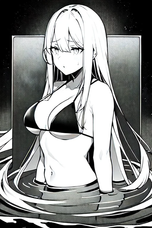 bikini long hair thin girl in abyss pool, greyscale, screen tones