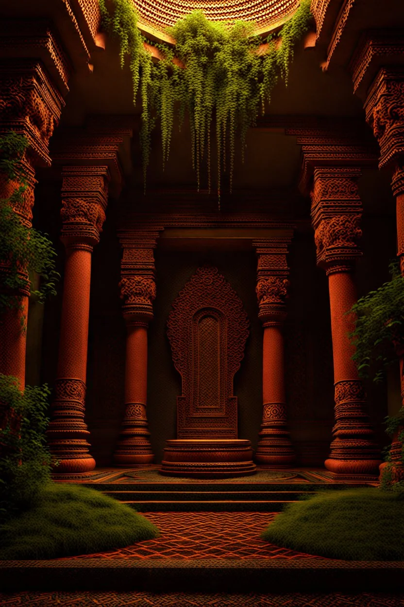 overgrown Hindu Temple atrium, nature, ancient black marble columns and terracotta tile floors, intricate wall carvings, waterfall, ultra-high quality, octane render, corona render, UHD, 64k, sharp details