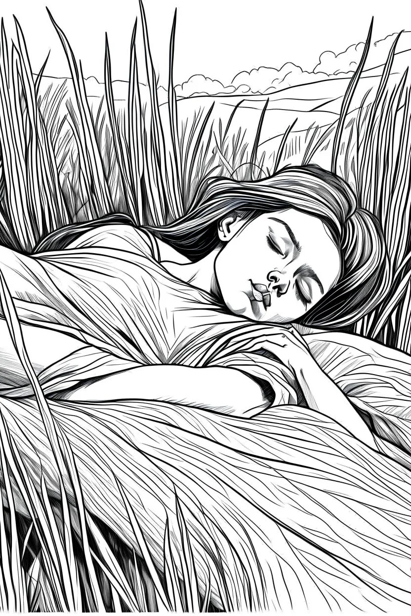 bible Realistic Beautiful Natural Ruth laying on the hay sleeping full body picture Black and white Coloring page