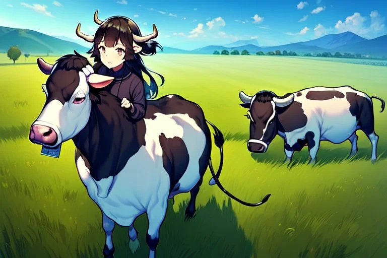 Girl, cow tail, cow horns, cow ears,field, dark hair