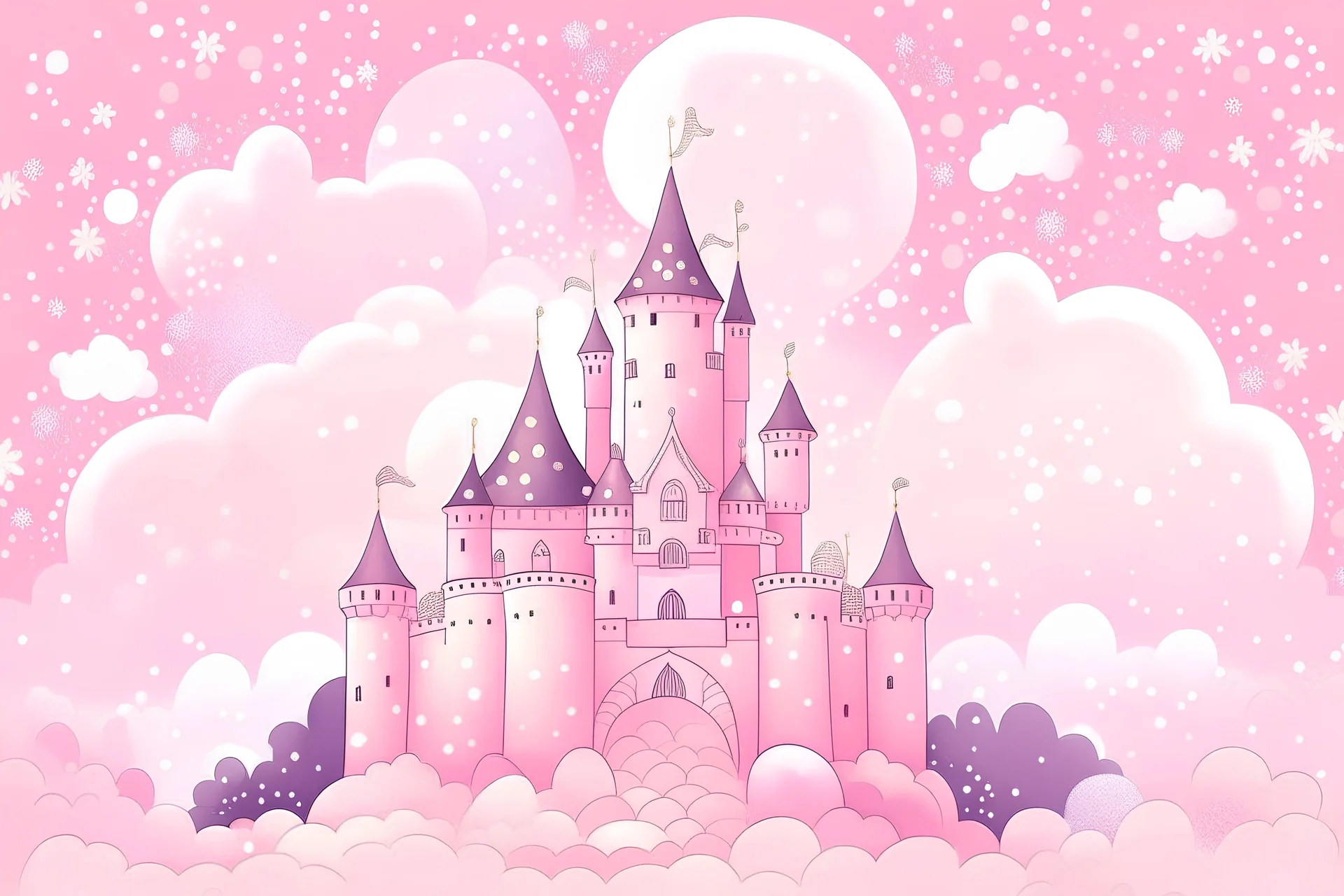 A pink cartoon castle in the clouds. Lots of sparkles. Super cute. Only pink, white and gold in the picture. Ethereal