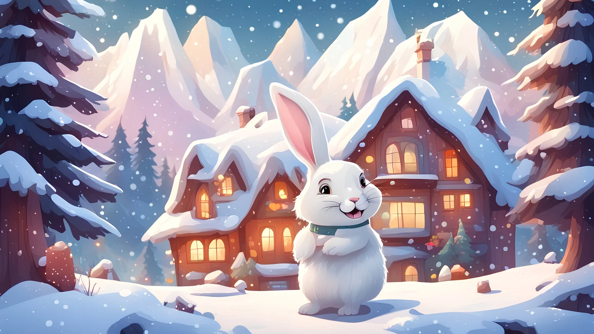A beautiful white rabbit is smiling in a snowy forest and beautiful houses with mountains and falling snow look enchanting with their many colors. Cartoon style