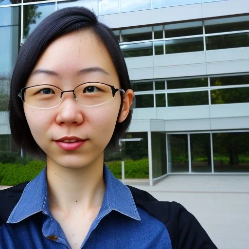 A short haired, Japanese female software engineer from MIT taking a selfie in front of Building 92 at Microsoft in Redmond, Washington