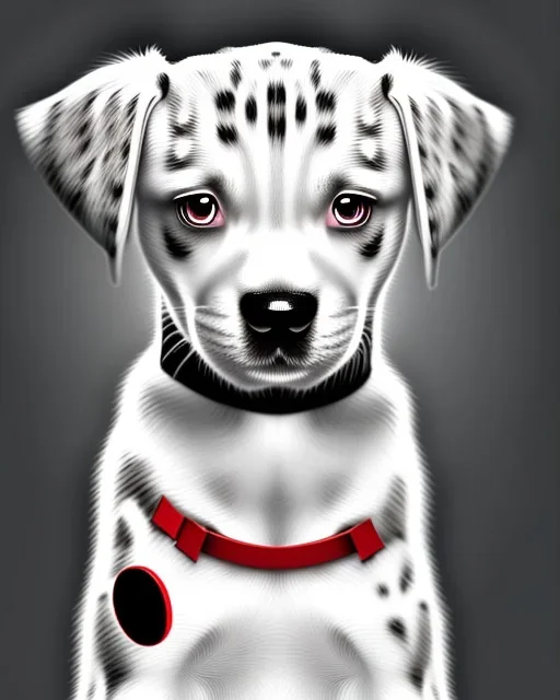 photorealistic dalmatian puppy, tilting head, sitting on kitchen floor, red collar, black paw prints on floor