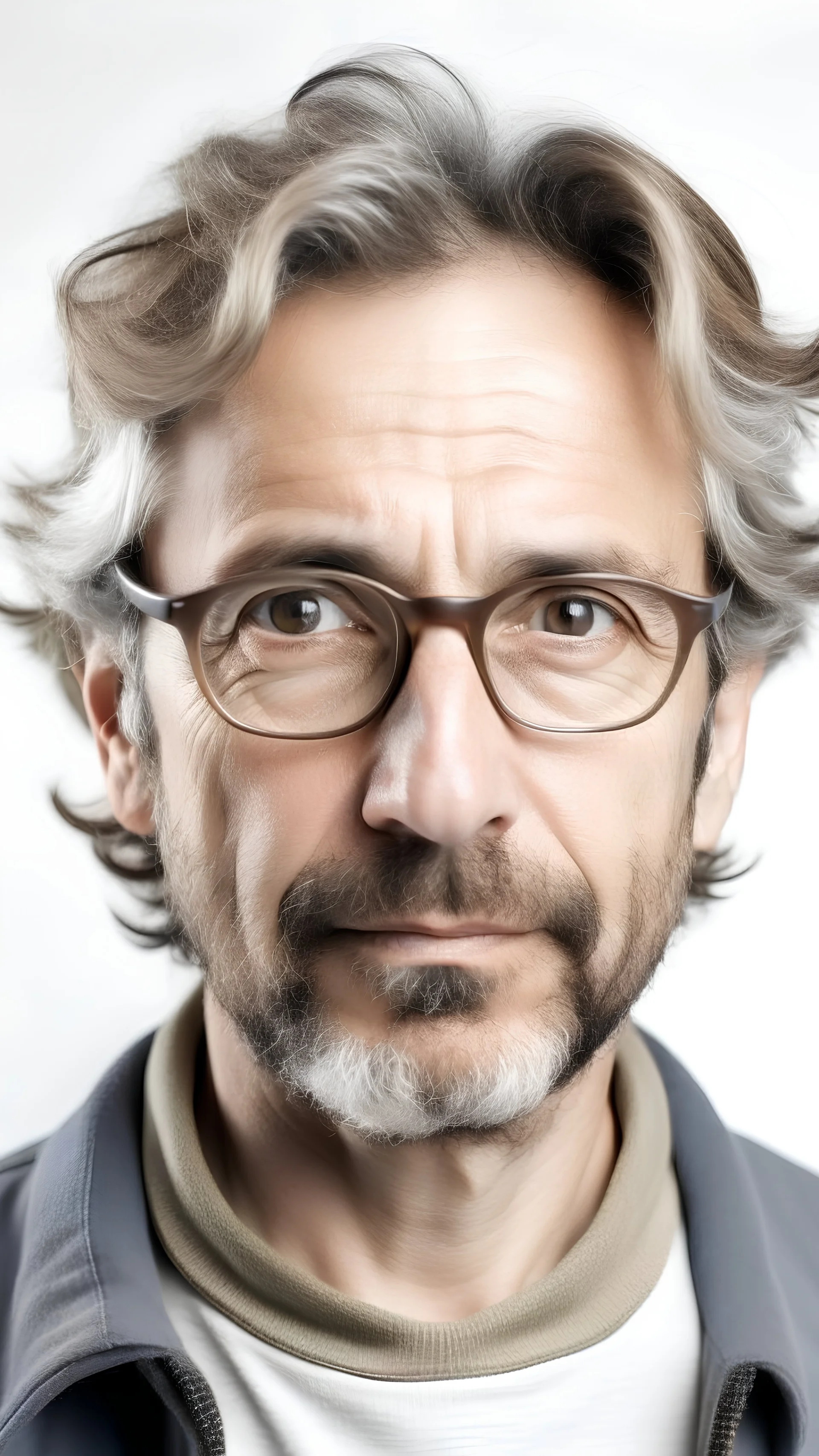 a wise mature young man, portrait , white studio background
