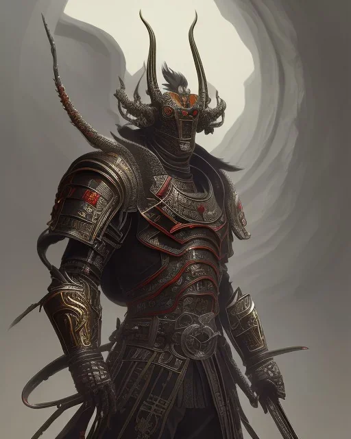 Detailed anime boy, dark brown hair, black and red dragon scale armour, intricate details, full body portrait, keep head in frame, slight smile, black Japanese motif, concept art, highly detailed, digital painting, concept art, sharp focus, illustration, art by Yoji Shinkawa, WLOP and greg rutkowski and alphonse mucha and artgerm and yanjun Chen and Junji ito and Makoto Shinkai, HDR, octane render