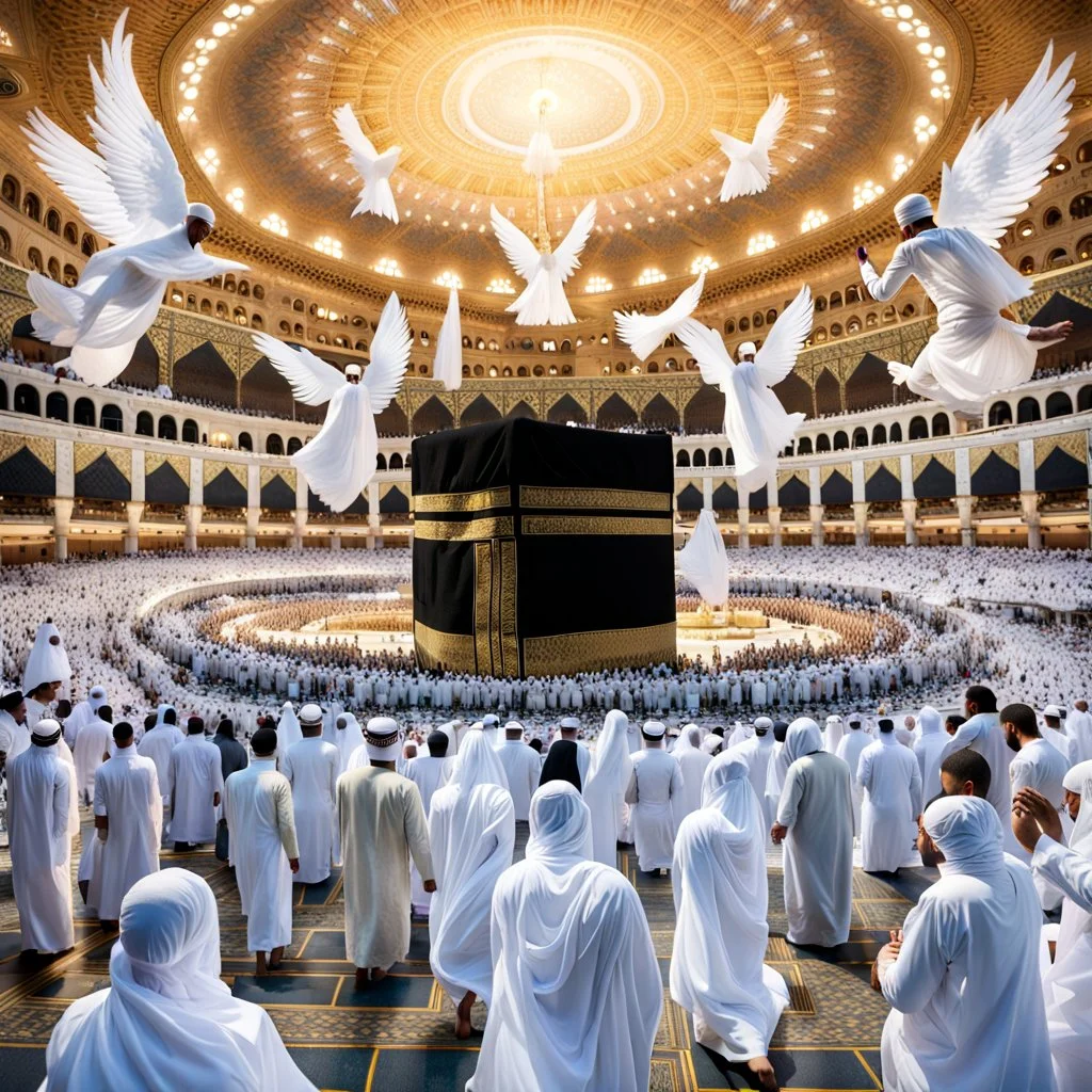 The scene in Mecca: People wearing white Ihram clothes, men without head coverings, women with veils, circumambulating around the Kaaba, and above them are transparent white spirits of children, men, and women with wings revolving around the Kaaba.