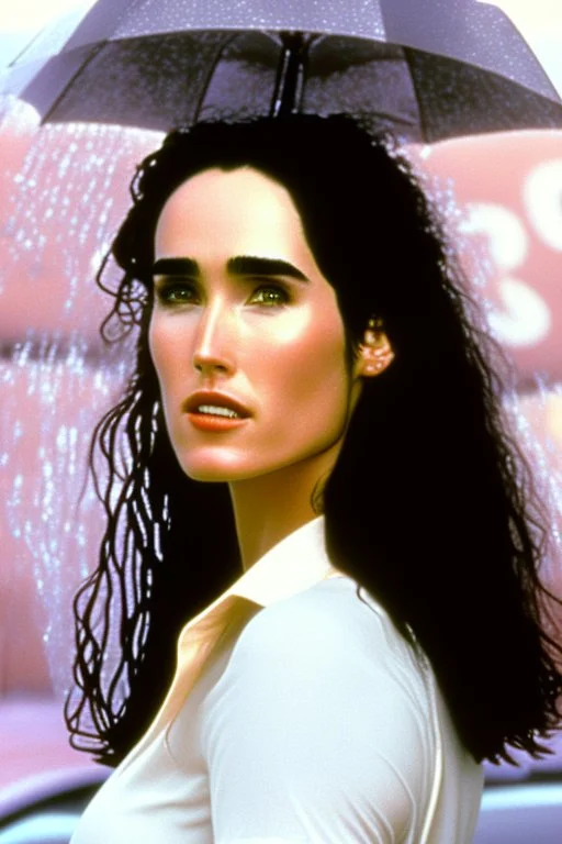 Beautiful 25 year-old Jennifer Connelly standing outside in a rain shower with no rain-coat, umbrella, or hat, with her head tilted up to the sky, her tongue sticking out and catching raindrops