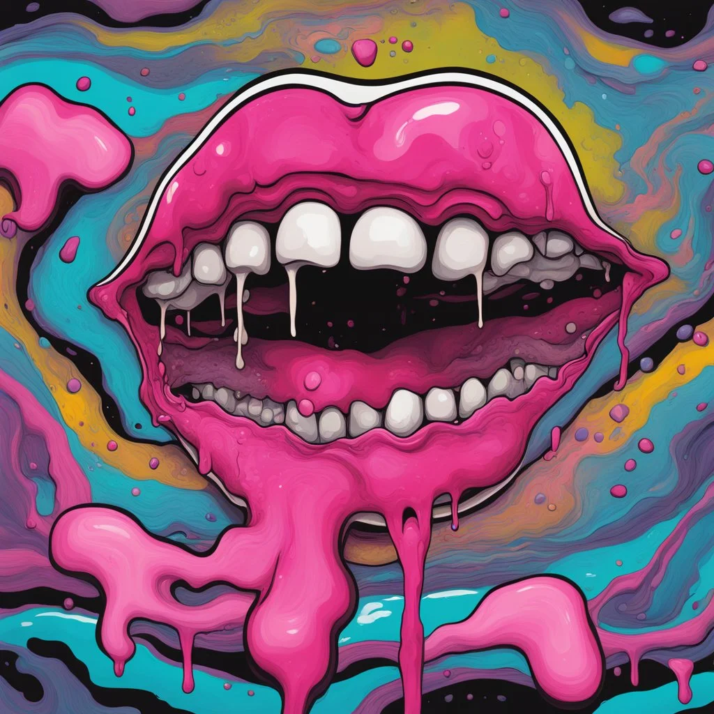 Surreal digital illustration of only a floating mouth that is puking out a psychedelic love spell, spilling from the large pair of cartoonist , overexaggerated lips, manga inspired, absurdist, postmodern, pastel color palette, fluid acrylic paint, epoxy resin , acrylic pour, unusual colors, trippy, gross, abstract, pulp fiction art style illustration, realvsx