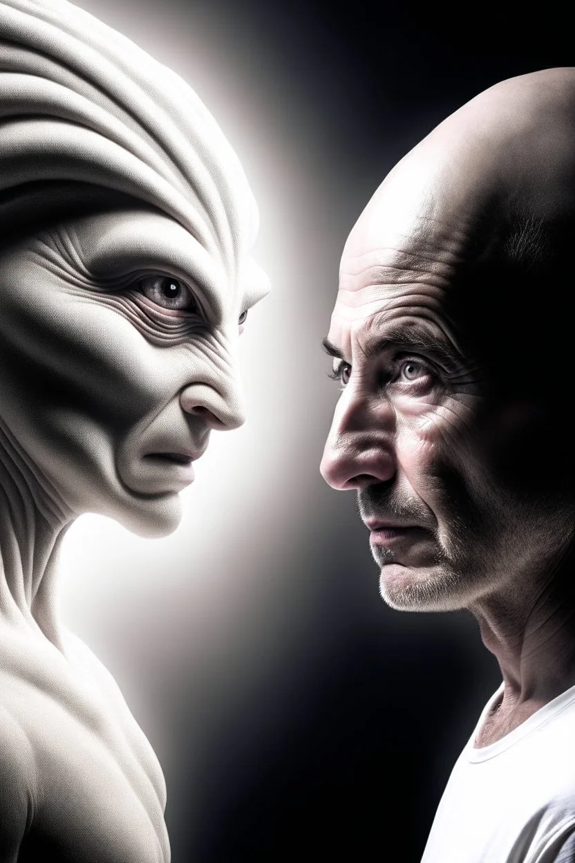 an angelic charismatic man face to face with an evil shapeshifter alien