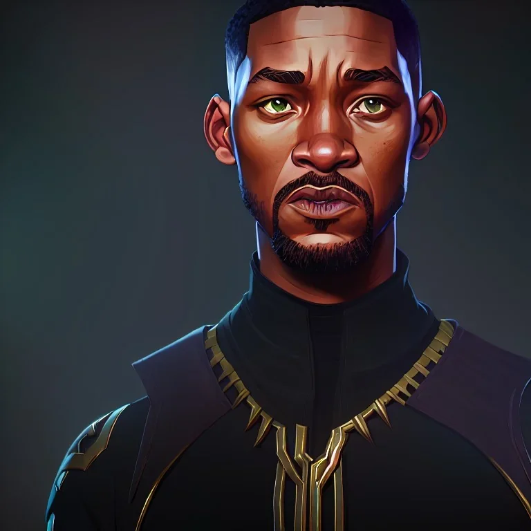 portrait, will smith in black panther suit, in dark forest, dynamic lighting, 8k, ultra detailed