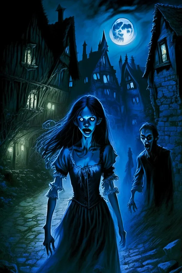 a very thin male glowing blue ghost werewolf lurks through a medieval village at night, looming over a girl with dark hair and pale skin. The girl is wearing goth make-up and is dressed in dark fairy clothing.