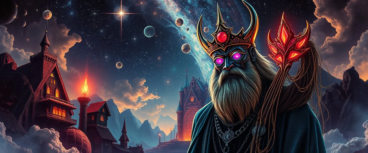 portrait of inter-galatic handsome power broker dynasty family , the first nation, witchcraft, cyberpunk village, sci-fi, strange chrome vessels, volume light from stars through clouds, goa trance poster