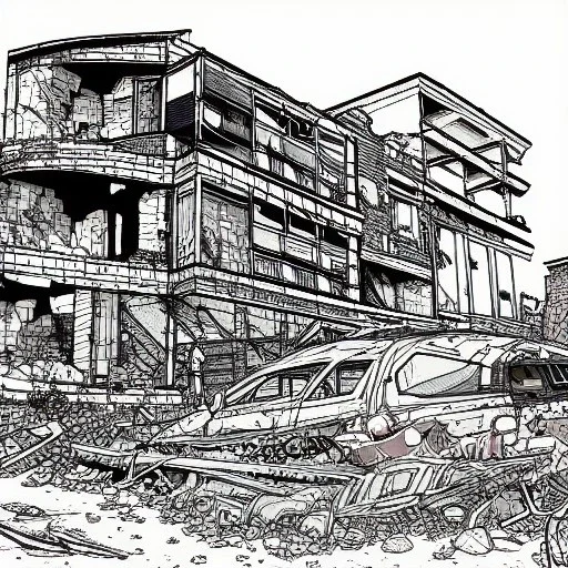  line Art coloured, destroyed, post apocalyptic,