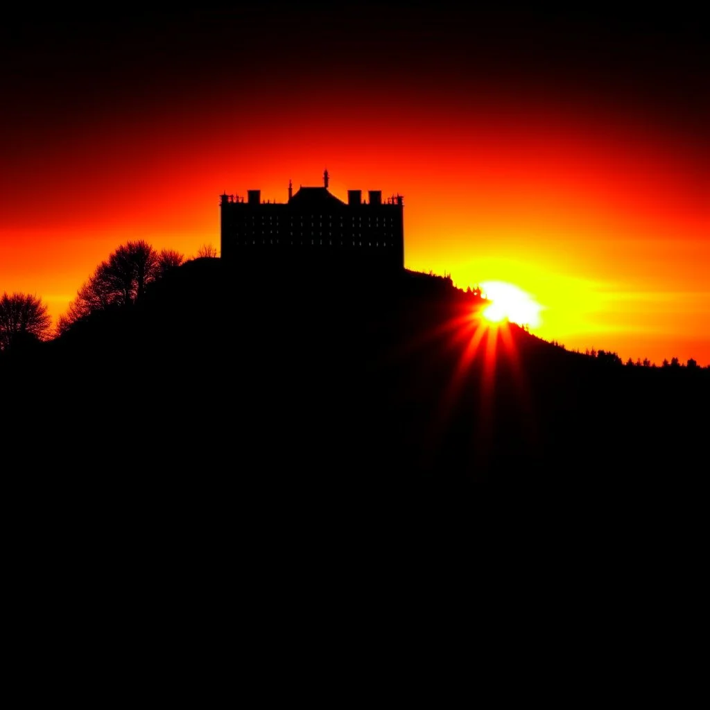 Silhouette of the Czech castle "Trosky" at sunset.