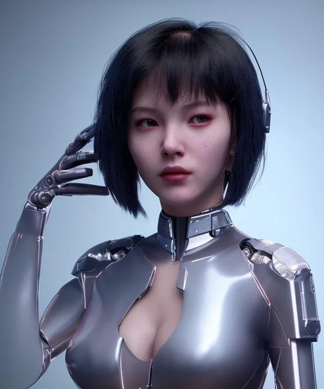 Artist, young cheer, android woman, clean skin, short hair, circuits, ghost in the shell, latex coat, feather, cyber punk, neon, bamboo, blood, portrait, studio photo, unreal engine 5, soft color, 16 bit, god lights, ray tracing, RTX, lumen lighting, ultra deatail, volumetric lighting, 3d, finely drawn, hd.