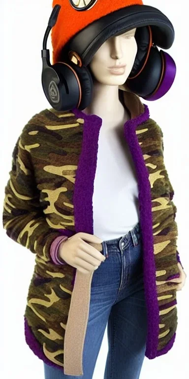 Brunette she. average body type. Mantle is sewed of recycled Denim and sewed together of camouflage pieces. Camouflage colors are orange,terracotta, cream and purple. It is with big bright purple felt tippet and cream-colored-hood. mantle is merged with satchel. . AKG-style headphones (gold rings!) is merged with small felt cap with small visor. Style: Haute Couture in 1936, Paris fashion in 2023, inspired by street art. Cream latex gaiter. Her head and rest body!