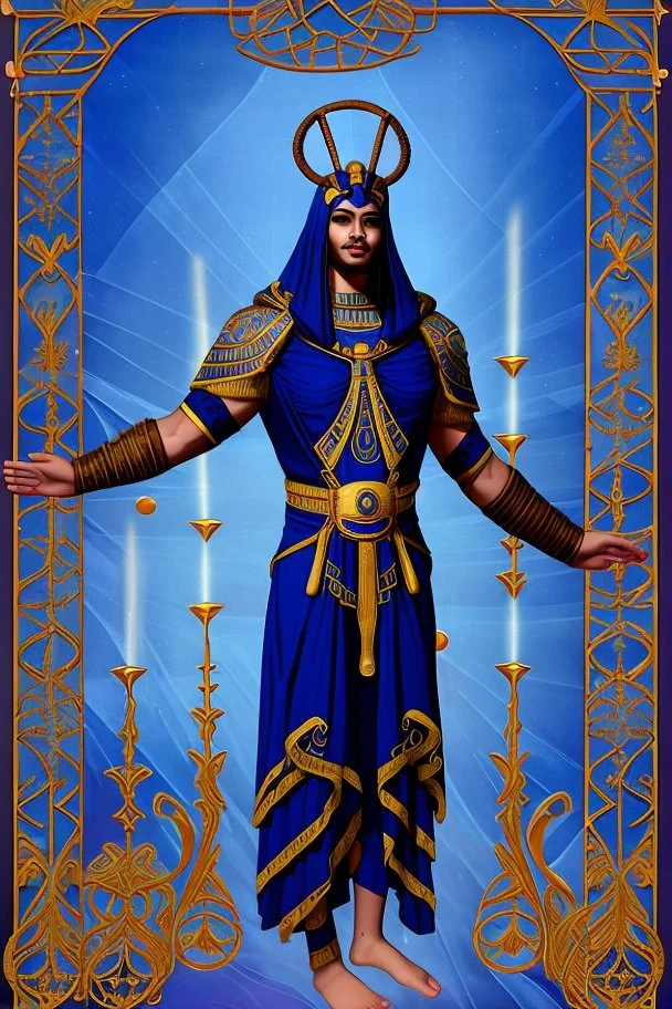 [ancien Egypt, real photography] Clad in a robe of deep cobalt blue, Akkiru's attire seemed to meld seamlessly with the boundless expanse around him. The fabric, adorned with motifs that echoed the rhythmic dance of waves, flowed gracefully in the wind. As he gripped the ship's ornate railing, his fingers - calloused by the duties of leadership - clung with a practiced firmness, a testament to his unwavering grip on the helm of his people's destiny.